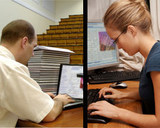Two students, in different locations, completing synchronous training modules on their laptop computers.