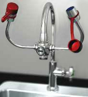 Sink and faucet with upward-facing spigots.