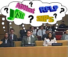 Imagen de jurados con un globo de pensamiento que tiene signos de interrogacin y las frases ADNmt, RFLP, ySTR y SNP.
