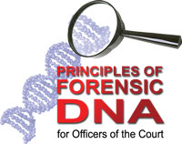 Doble hlice con lupa. Dice Principios del ADN forense para funcionarios del tribunal.