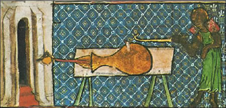 illustration from 1326 depicting an early cannon firing a spear
