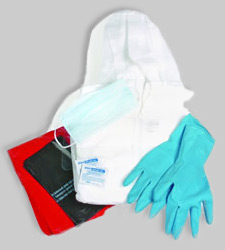 jacket with drawstring hood, rubber gloves, face mask, alcohol wipes, heavy-duty plastic bag.