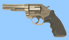 Profile of double action revolver handgun in uncocked position.