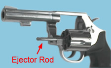 Revolver handgun with cylinder in open position and double action cylinder ejector rod highlighted and labeled.