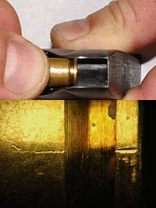 TOP: examiner is inserting a cartridge into a pistol magazine; BOTTOM: Microscopic view of unfired round and marks made by the magazine on the brass cartridge once removed.