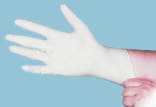 Hand wearing a latex glove.