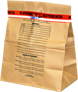 paper evidence bag, properly sealed with evidence tape which has been signed across by the technician and labeled with chain of custody