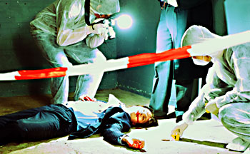 multiple crime scene technicians collecting evidence at the scene of a murder, including swabbing blood evidence and photography.