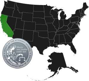 map of the United States with California hightlighted and overlayed with the seal of the California Office of the Attorney General.