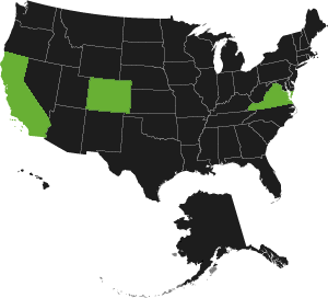 map of the United States with California, Colorado, and Virgina highlighted.