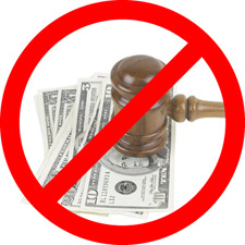 Image of money and gavel with a red circle and line through it.